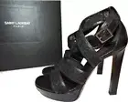 Sz 36.5 Saint Laurent Pumps Black Lace Strappy Platform Sandals Stiletto Shoes