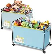 AIJIAMEIER 2pcs 180L Extra Large Toy Box with Wheels for Boys Girls, Metal & Oxford Cloth Big Toy Chest with Handle, Toy Storage Organizer for Living Room Area, Stuffed Animals, Clothes(Blue x2)