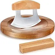 2 Pcs Mezzaluna Ulu Knife and Cutting Board Set Rocker Chopper Slicer Cutter with Stand Cutting Board Mezzaluna Chopper Alaskan Ulu Knife Kit for Onion Vegetable Mincing Tool(Wood)