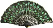 MAGICLULU Peacock Hand Fans, Vintage Folding Hand Fan Fabric Fan Embroidered Fan, Lace Handheld Fan Chinese Japanese Style Fan for Wedding Dancing Party Favors Green