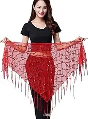 [Mr.Fashion] Halloween belly dance waist chain sequin fringe triangle scarf dance performance Hip towel beginner waist wrap, Red, One Size Plus Long