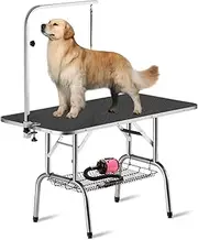 Pet Dog Grooming Table, Folding Height Adjustable Arm Table 96cm Double Pole Anti Slip Rubber with Basket, Portable Pet Salon Supply Cat Bathing Table Black