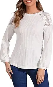 [Allegra K] Women's Chic Lace-Trimmed Crew Neck Tee Shirt Button Decor Long Sleeve Knit Sweater Top