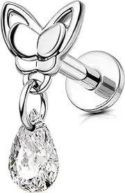 [OUFER] Dangle Butterfly Helix Piercing Jewelry, 16G Internally Threaded Flat Back Piercings Silver Helix Cartilage Tragus Conch Piercing Jewelry
