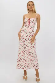 Red Ditsy Maxi Dress Lace Satin Tape - Size 16XL, Women's Maxi Dress