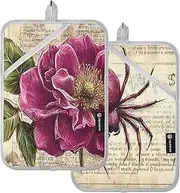 AIXIWAWA Vintage Flower Book Pot Holders 2 Pack, Insulated Heat Resistant Hot Pads Oven Mitts with Pocket for Kitchen Cooking Baking 7x9.8 inches
