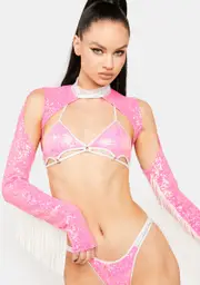 [Roma] Pink Sequin Fringe Cut-Out Shrug