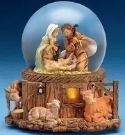 FONTANINI AWAY IN THE MANGER LIGHTED MUSICAL NATIVITY SNOW GLOBE