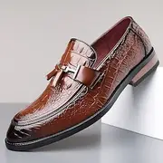 Men's Brown Crocodile Pattern Faux Leather Tassel Loafers – Glossy Slip-on Dress Shoes for Mature Gentlemen, Business Dinners and Formal Events