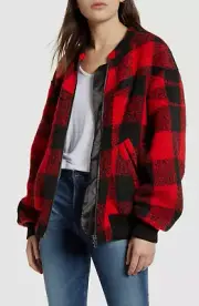 $910 Rebecca Minkoff Women's Red Black Check Full Zip Bomber Jacket Coat Size XS