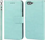 Case for iPhone 8 Plus 7 Plus Leather Wallet Case with Card Holder Slot SunYoo Protection Shockproof Cover Kickstand Magnetic Handbag with Wrist Strap Women Men Flip Folio for iPhone8 iPhone7 Green