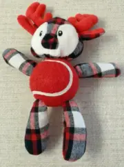 Tennis Ball 9" Reindeer Plush Dog Toy *Squeaker Head Red/ Plaid *No Tags