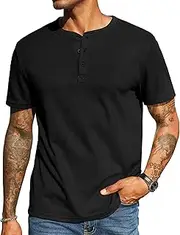 [COOFANDY] Men's Waffle Henley Shirt Short Sleeve T Shirts Casual Basic Tee Button Henley Pullover T-Shirt