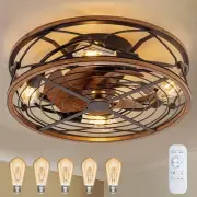 20" Low Profile Caged Ceiling Fans With Lights And Remote, Farmhouse Flush Mo...