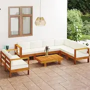 8 Piece Garden Lounge Set with Cream White Cushions Acacia Wood Patio Bar Sets