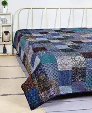 Indian beautiful silk patola kantha king quilt bedspread throw patchwork blanket
