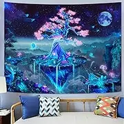 BeyBoyJoy Blacklight Tree and Moon Tapestry, Fantasy UV Reactive Psychedelic Moon Space Lanscape Tapestries Glow in the Dark for Bedroom Hoom Decor 60×80 inch