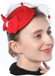 [Cliory] Red Pillbox Fascinator Hat Tea Party Bridal Wedding Hair Clip Bowknot Hat with Veil for Women