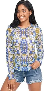 [RPLIFE] Classic Tile Blue Long Sleeve Fishnet Top, Sheer Mesh Tops for Women S-XXL