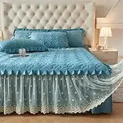 Double-Layer Floral Lace Ruffle Bed Skirt 18" Drop King Size Premium Cotton Pleated Bed Skirts for Bedroom(Blue,180x220cm/Cal.King)