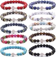 [HYHONEY] 6 Pcs 8MM Beads Cross Bracelet for Women Men Tiger Eye Stone Natural Stone Bracelet Anxiety Stretch Elastic Healing Bracelet