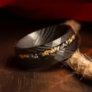 Damascus Meteorite & Crushed Gold Leaf Men Wedding Band Black Hammered Ring