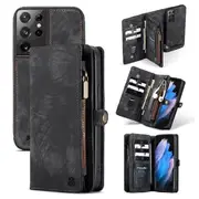 SupRShield For Samsung Galaxy S23 Ultra Zipper & Detachable Retro Leather Pouch Wallet Flip Purse Bag Detachable Phone Case Cover (Black)