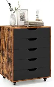 LOKO 5-Drawer Storage Cabinet, Versatile Storage Drawer of Chest with Lockable Wheels, Mobile Office Storage Organizer Under Desk, Modern Dresser for Home Office, Study Room, Rustic Brown and Black