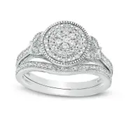 0.20 CT. T.W. Composite Natural Diamond Double Frame Leaf-Sides Antique Vintage-Style Bridal Engagement Ring Set in Sterling Silver