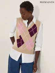 Monsoon Brown Anne Sleeveless Argyle Knitted Vest (W98514) | $127