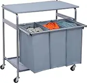 Laundry Hamper Trolley with Ironing Board and Slide Tray 3 Washing Basket Bag Sort,Grey