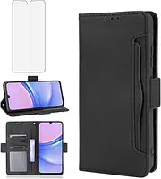 Compatible with Samsung Galaxy A16 5G/4G Wallet Case and Tempered Glass Screen Protector Card Holder Stand Magnetic Leather Flip Cell Accessories Phone Cover for Gaxaly A 16 Women Men Black