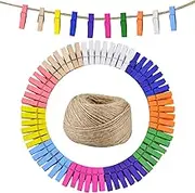 Natural Wooden Clothespins, 3.5cm Wood Clips, 100PCS Photo Paper Peg Pin, Craft Photo Clips with 100Ft Jute Twine String for Photo Wall Decoration Craft Scrapbooking Postcard Art Work（Colorful）