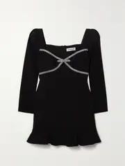 [Self-Portrait] Self-Portrait - Crystal-embellished Ruffled Crepe Mini Dress - Black - UK 14 UK 14 Black