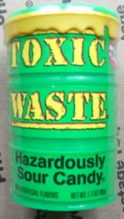 TOXIC WASTE HAZARDOUSLY SOUR CANDY-NET WT. 1.7 OZ. MANUF. BY CANDY DYNAMICS