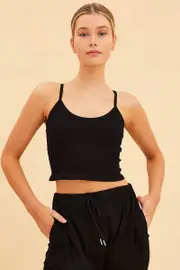 Black Seamless Singlet Top Scoop Neck Rib Crop - Size S, Women's Tank