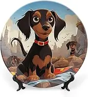 I Love My Dog Dachshunds Decorative Ceramic Dishes for Display, Boho Style Dinner Plate with Display Stand, Porcelain Plate for Home Decor, 10 Inch