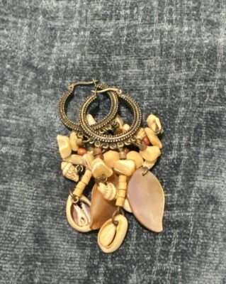 Gypsy Jewels Shell Dangle Earrings Copper French Wire Wood Beads 3" Boho