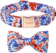 ARING PET Dog Collar and Bow Tie Set, Cotton/Metal, Tie Dye Red White Blue - L