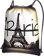 Eiffel Tower Love Paris Print Drawstring Backpack Gym Bags Sports Bags With Zipper Pocket For Travel Beach, Black, One Size