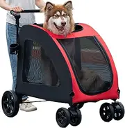 Large Dog Stroller, Removable Cushion Adjustable Handle Foldable 4 Wheel Pet Stroller, Front and Back Access to Dog Wagon for 180 lbs Large Dog or 2 Medium Dogs (Red)