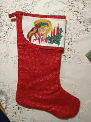 CHARLES CRAFT CROSS STITCH CHRISTMAS STOCKING RED GOLD STARS Angel Candles 15"
