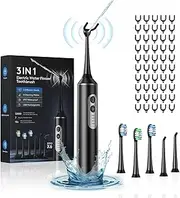 Electric Flosser for Teeth | 3-in-1 Electric Water Dental Floss & Electric Toothbrush & Water Flosser with 4 Modes, Cordless Power Flosser with 50 Replacement Heads for Adults (Black)