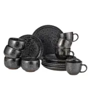 Over + Back Aesthetic Dinnerware Set 16-Piece 4-Service Black Textured Stoneware