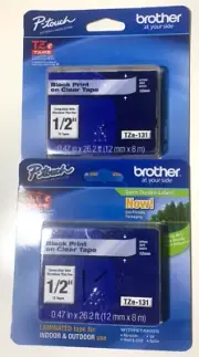 Brother P-Touch TZ Tape 1/2 Black Print On Clear Tape Set of 2 TZe-131