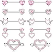 [Defrsk] Nipple Rings 5 Pairs Stainless Steel Nipple Niercing Jewelry Heart Dangle Barbell Tongue Rings Set Cute Pink CZ Nipple Jewelry, Stainless Steel