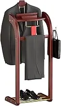 Suit Valet Stand for Man and Women, Wood Clothing Valet Stand Suit with Contour Hanger, Tray, Trouser Bar, Tie Bar and Shoe Rack, for Entryway Office Living Room 40X35X114CM