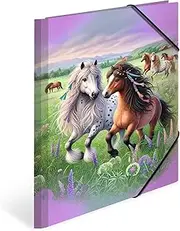 HERMA Portfolio Folders A4 Horse World Set of 3 Cardboard Corner Folder with Nursery Motif, Elastic Band, Inner Flaps and Inner Print for Boys, Girls and Children