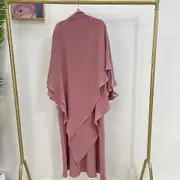 Ramadan Eid Hooded Abaya + Long Khimar Jilbab 2 Piece Set Muslim Prayer Outfit Jilbabs for Women Hijab Dress Islamic Niqab Burka pink Jilbab set M-L