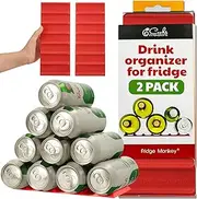 [Cooks Innovations] Drink Organizer for Fridge, Soda Can Refrigerator Organizers and Storage, Beer-Wine-Water Bottle Holder, Fridge Monkey - Durable Non-Slip Anti-Roll (2 pack, Red)